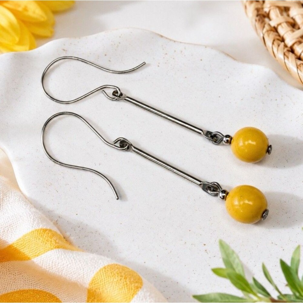 Vintage 1970s Yellow Lucite Bead Dangle Earrings Long Silver Tone Mod Minimalist